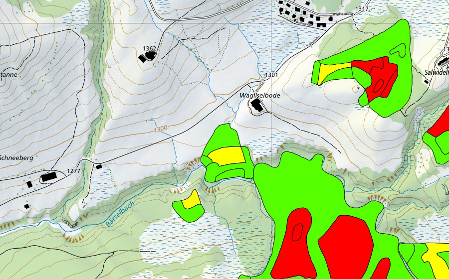 swisstopo national map showing the protected perimeter of Wagliseiboden (Raised bog)