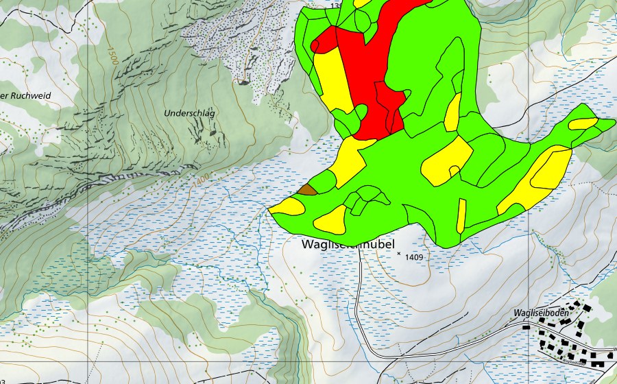 Carte nationale swisstopo avec le périmètre protégé de Wagliseichnubel (Haut-marais)