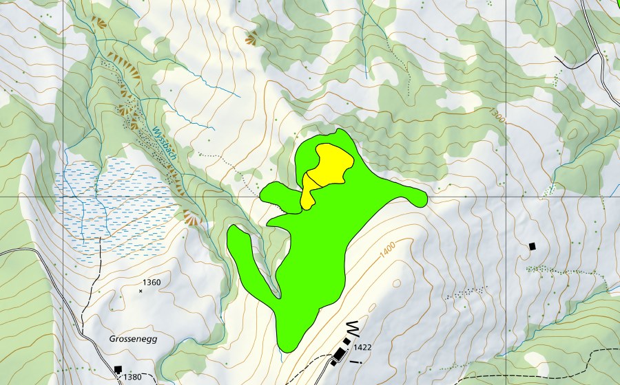 Landeskarte swisstopo mit dem Schutzperimeter von Wimmisalp (Hochmoor)