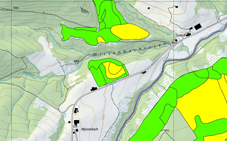 swisstopo national map showing the protected perimeter of Wissenbach (Raised bog)