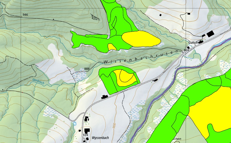 Carte nationale swisstopo avec le périmètre protégé de Wissenbach (Haut-marais)