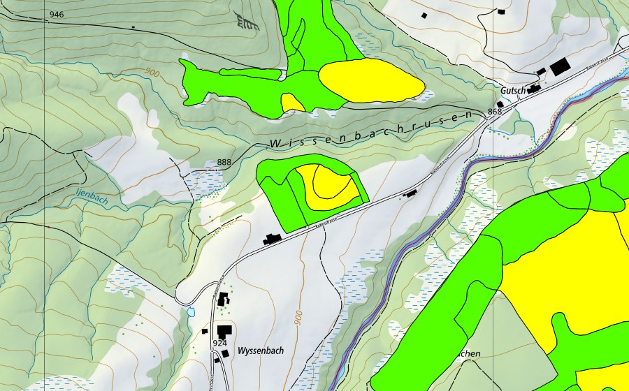 Carte nationale swisstopo avec le périmètre protégé de Wissenbach (Haut-marais)