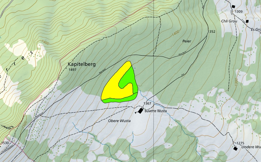 swisstopo national map showing the protected perimeter of Wusta (Raised bog)