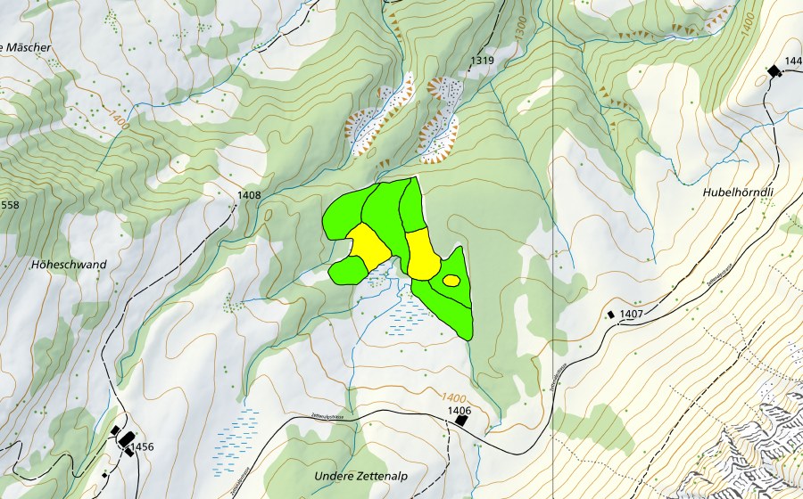 Landeskarte swisstopo mit dem Schutzperimeter von Zettenalp (Hochmoor)