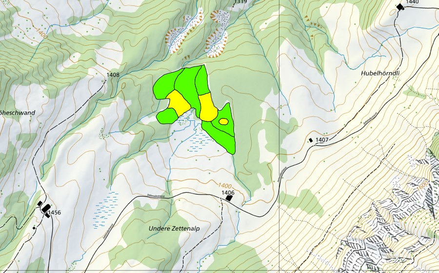 Landeskarte swisstopo mit dem Schutzperimeter von Zettenalp (Hochmoor)