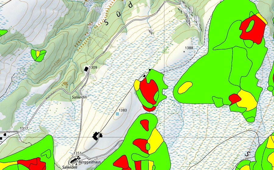 swisstopo national map showing the protected perimeter of Zopf/Salwiden (Raised bog)