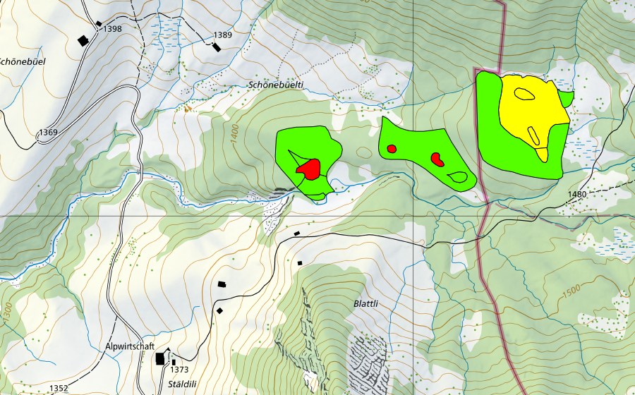 Carte nationale swisstopo avec le périmètre protégé de Zwischen Fürsteinwald und Blattli (Haut-marais)