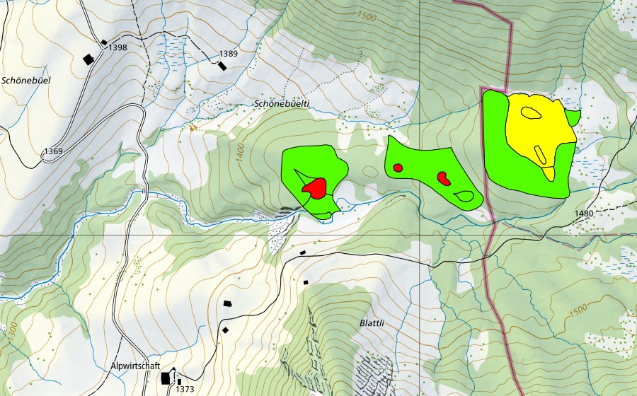 Landeskarte swisstopo mit dem Schutzperimeter von Zwischen Fürsteinwald und Blattli (Hochmoor)