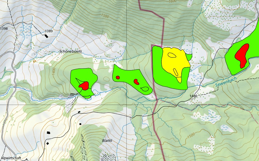 Carta nazionale swisstopo con il perimetro protetto di Zwischen Fürsteinwald und Blattli (Torbiera alta)