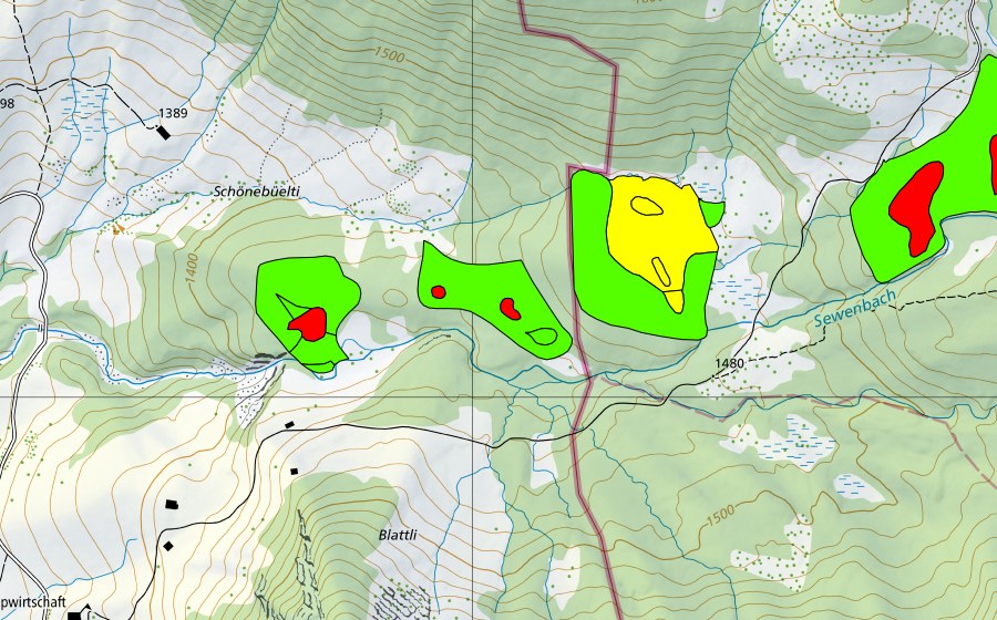 swisstopo national map showing the protected perimeter of Zwischen Fürsteinwald und Blattli (Raised bog)