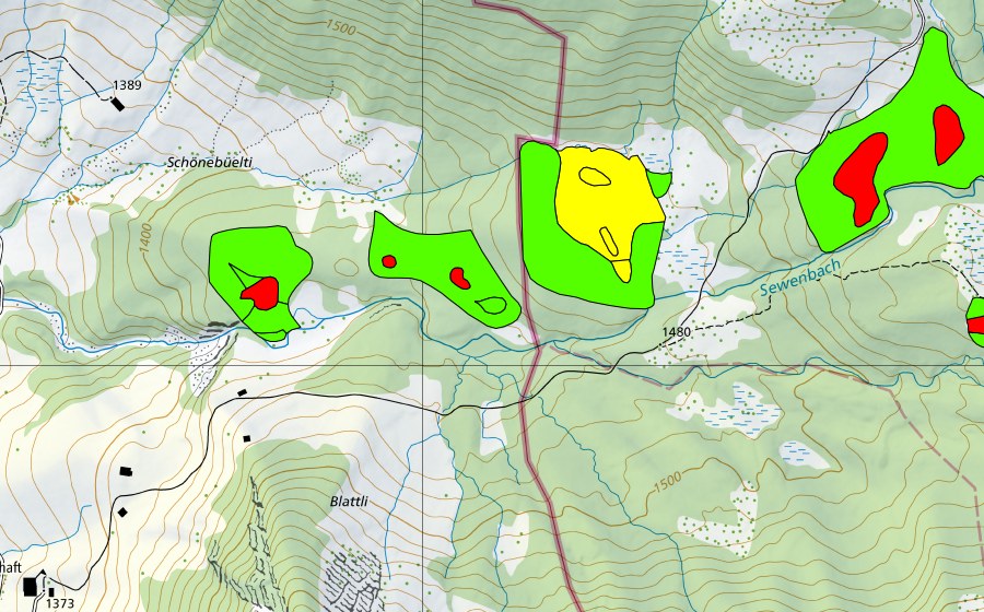 Carta nazionale swisstopo con il perimetro protetto di Zwischen Fürsteinwald und Blattli (Torbiera alta)