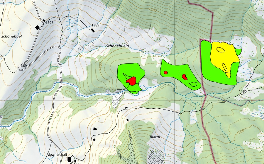 Carte nationale swisstopo avec le périmètre protégé de Zwischen Fürsteinwald und Blattli (Haut-marais)