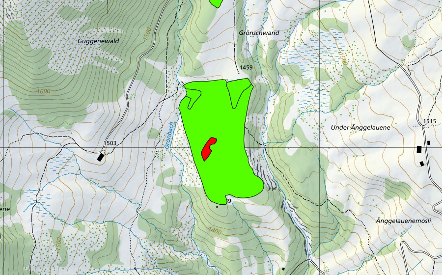 swisstopo national map showing the protected perimeter of Zwischen Guggenen und Unter Änggenlauenen (Raised bog)