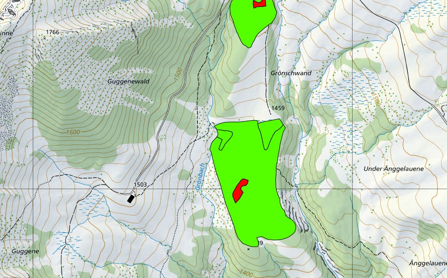 swisstopo national map showing the protected perimeter of Zwischen Guggenen und Unter Änggenlauenen (Raised bog)