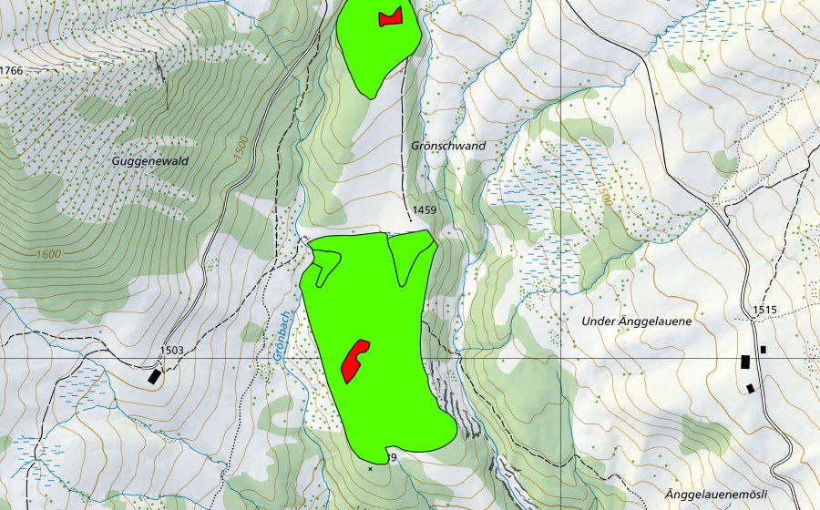 Carte nationale swisstopo avec le périmètre protégé de Zwischen Guggenen und Unter Änggenlauenen (Haut-marais)