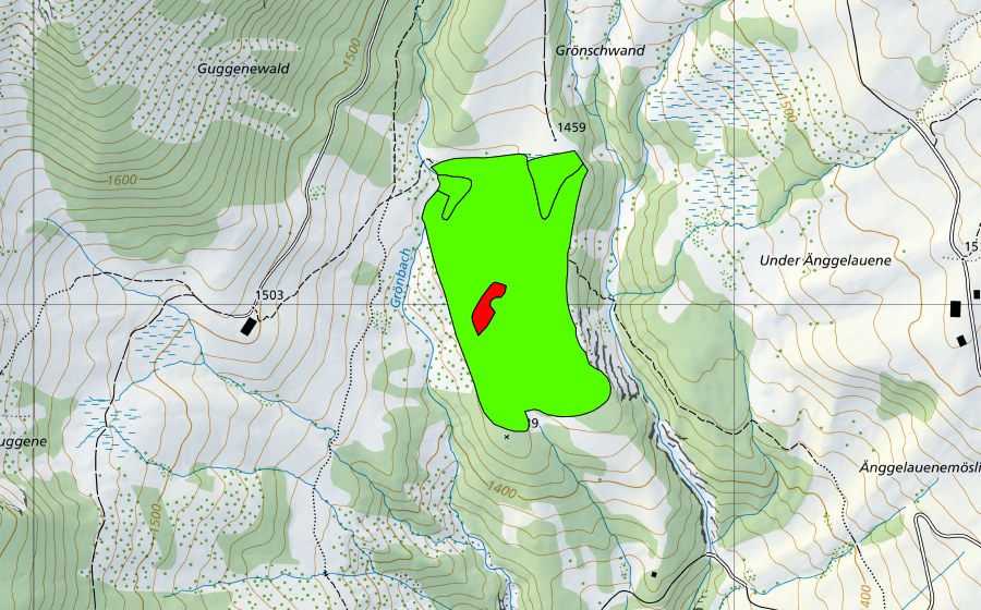 Carte nationale swisstopo avec le périmètre protégé de Zwischen Guggenen und Unter Änggenlauenen (Haut-marais)