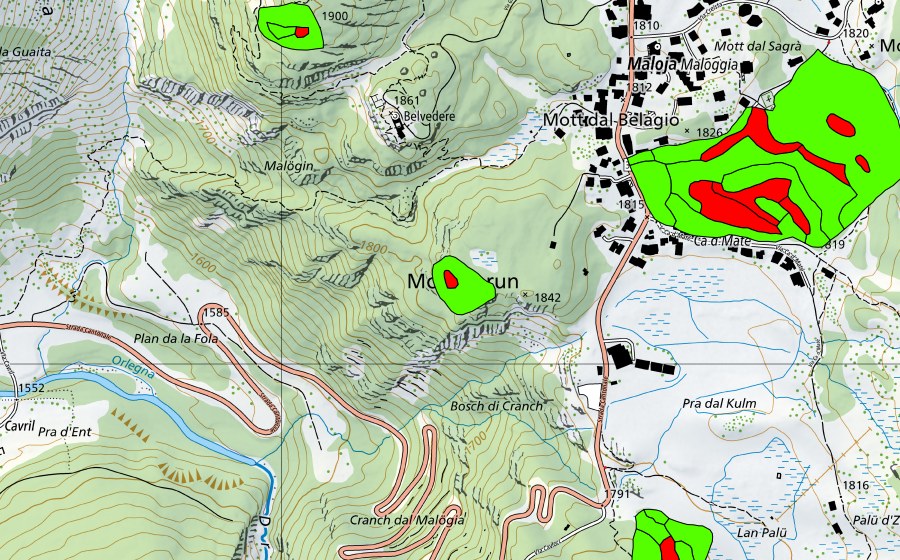 Landeskarte swisstopo mit dem Schutzperimeter von Zwischen Malojapass und Val da Pila (Malojariegel) (Hochmoor)