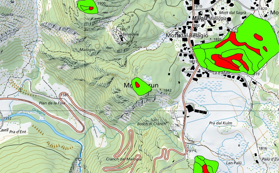Landeskarte swisstopo mit dem Schutzperimeter von Zwischen Malojapass und Val da Pila (Malojariegel) (Hochmoor)