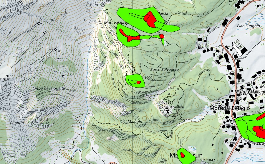 Landeskarte swisstopo mit dem Schutzperimeter von Zwischen Malojapass und Val da Pila (Malojariegel) (Hochmoor)