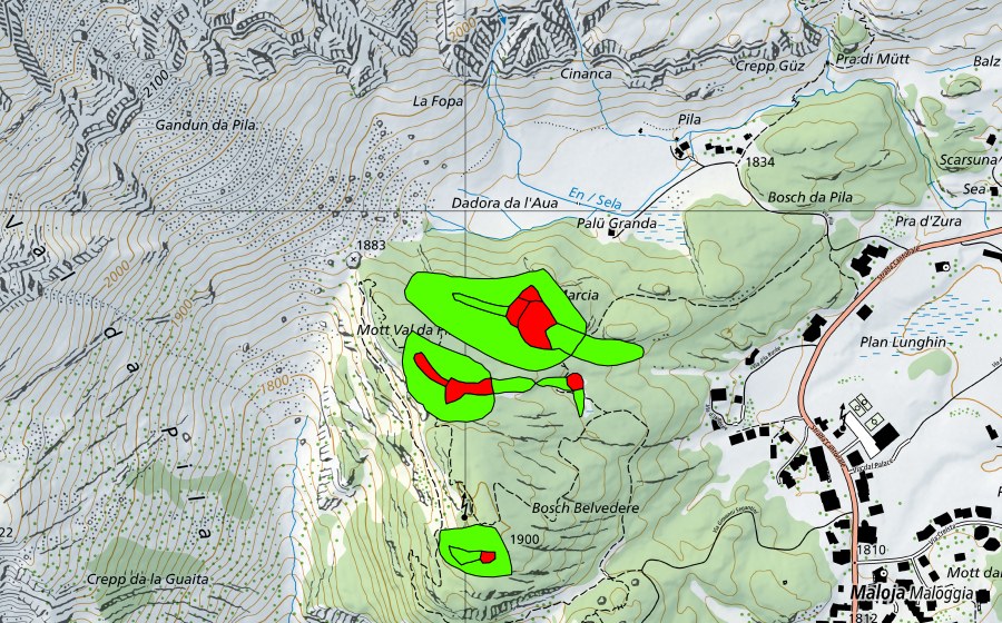 Carte nationale swisstopo avec le périmètre protégé de Zwischen Malojapass und Val da Pila (Malojariegel) (Haut-marais)