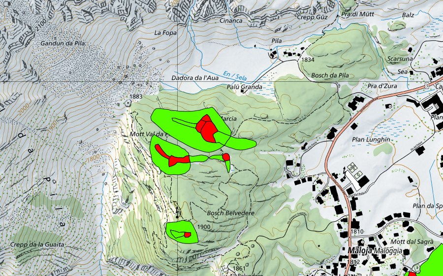 swisstopo national map showing the protected perimeter of Zwischen Malojapass und Val da Pila (Malojariegel) (Raised bog)