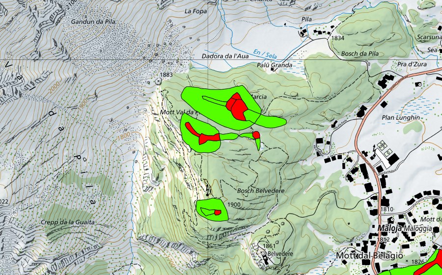 swisstopo national map showing the protected perimeter of Zwischen Malojapass und Val da Pila (Malojariegel) (Raised bog)