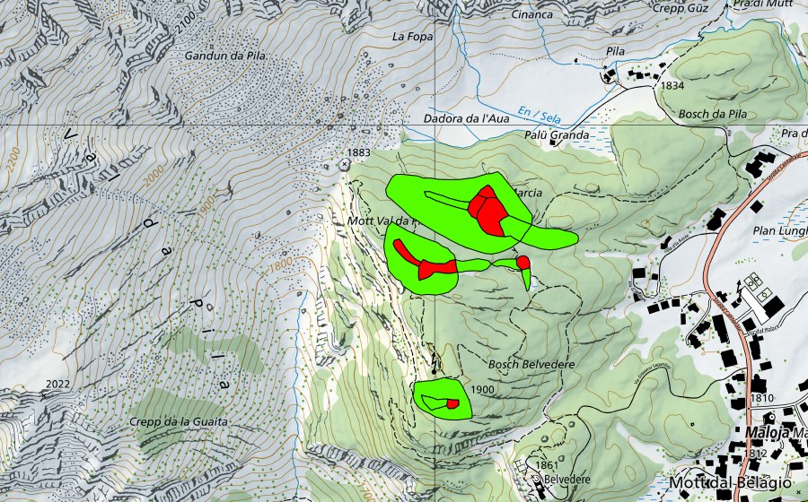 swisstopo national map showing the protected perimeter of Zwischen Malojapass und Val da Pila (Malojariegel) (Raised bog)