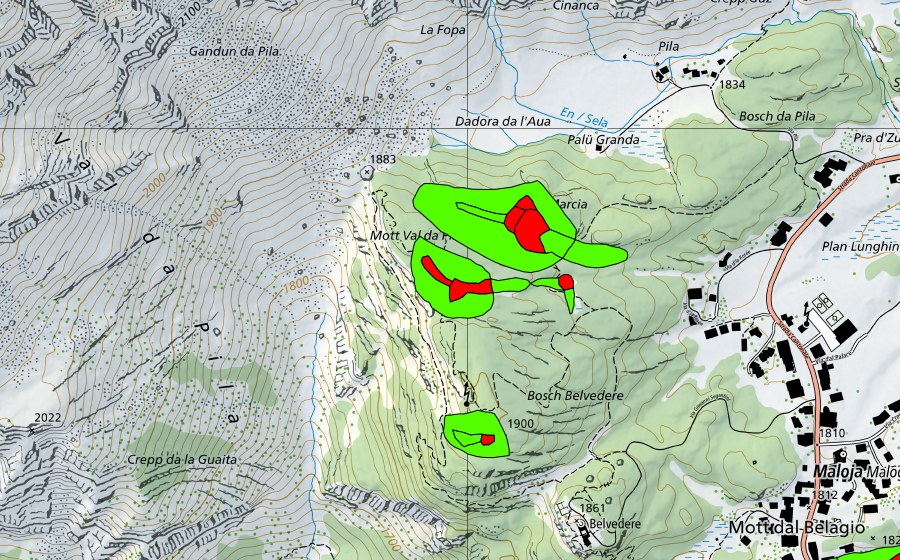 swisstopo national map showing the protected perimeter of Zwischen Malojapass und Val da Pila (Malojariegel) (Raised bog)