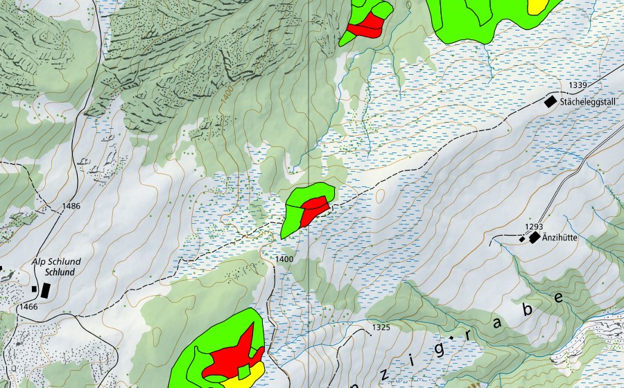 Carte nationale swisstopo avec le périmètre protégé de Zwischen Schlund und Änzihütten (Haut-marais)