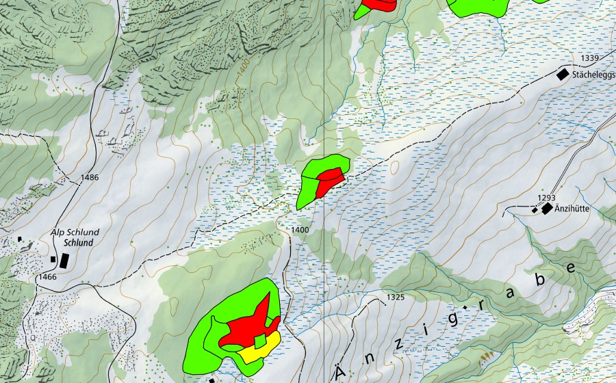 Carte nationale swisstopo avec le périmètre protégé de Zwischen Schlund und Änzihütten (Haut-marais)