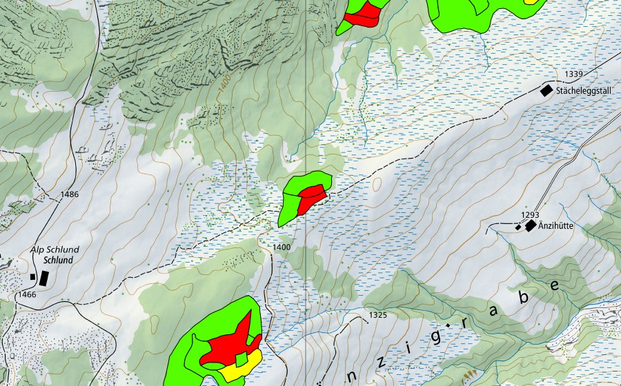 Landeskarte swisstopo mit dem Schutzperimeter von Zwischen Schlund und Änzihütten (Hochmoor)
