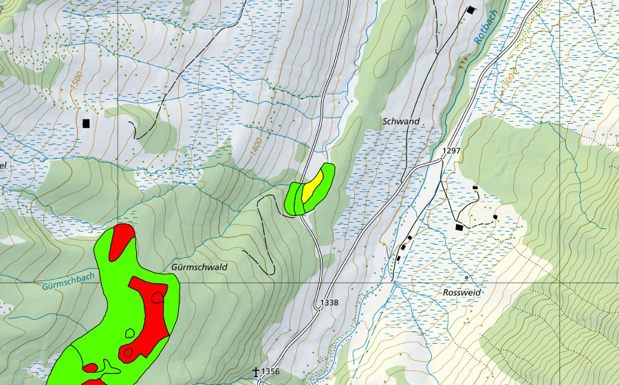 Carte nationale swisstopo avec le périmètre protégé de Zwischen Schwand und Gürmschbach (Haut-marais)