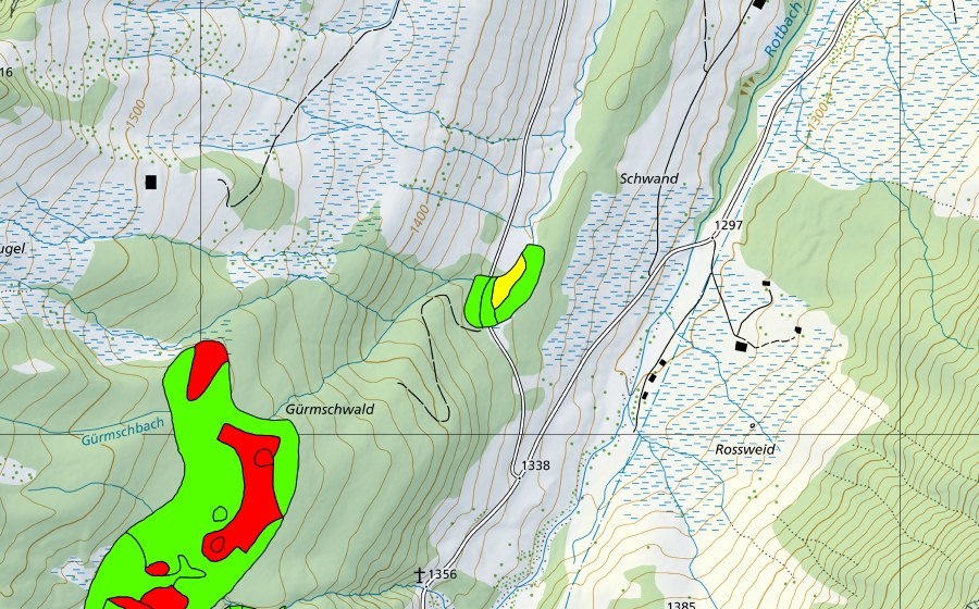 Carte nationale swisstopo avec le périmètre protégé de Zwischen Schwand und Gürmschbach (Haut-marais)