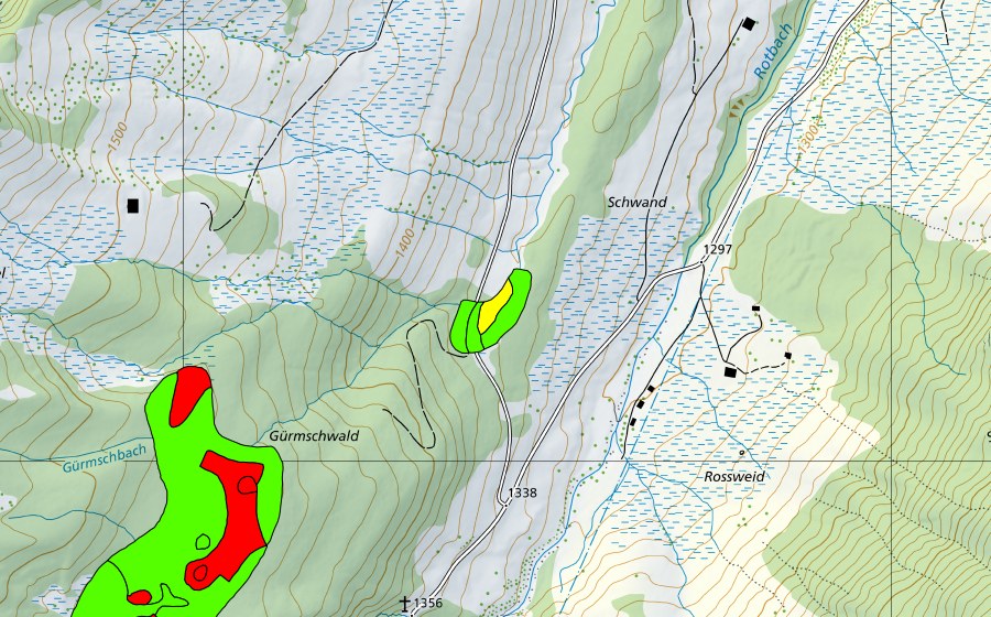 Carte nationale swisstopo avec le périmètre protégé de Zwischen Schwand und Gürmschbach (Haut-marais)