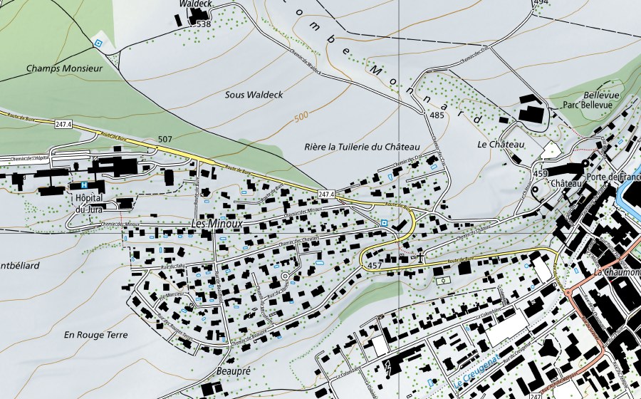 Carte nationale swisstopo avec le périmètre protégé de Allaine-Boncourt, Frontière (Station hydrométrique)