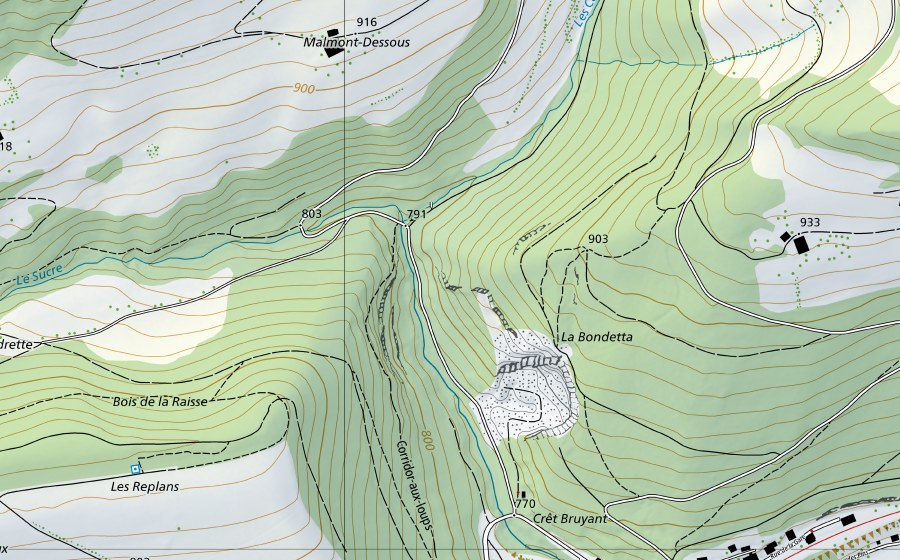 swisstopo national map showing the protected perimeter of Areuse-Boudry (Hydrological station)
