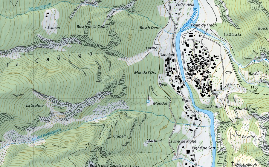 Landeskarte swisstopo mit dem Schutzperimeter von Calancasca-Buseno (Hydromessstation)