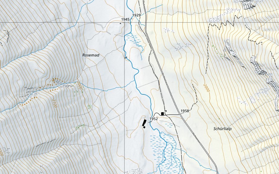 swisstopo national map showing the protected perimeter of Dischmabach-Davos, Kriegsmatte (Hydrological station)