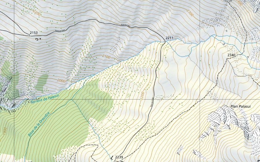 swisstopo national map showing the protected perimeter of Drance-Martigny, Pont de Rossettan (Hydrological station)