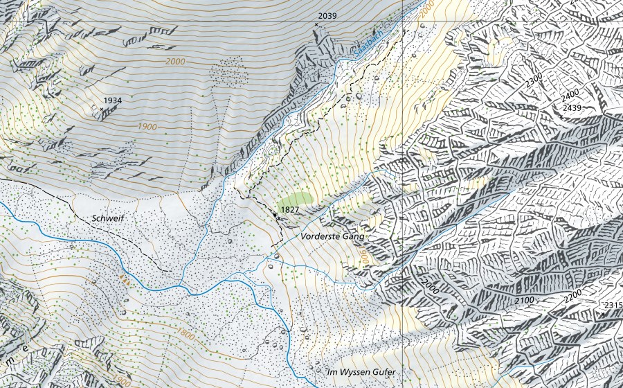 Landeskarte swisstopo mit dem Schutzperimeter von Goneri-Oberwald (Hydromessstation)