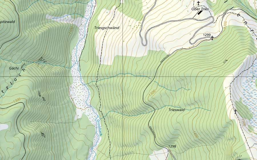 swisstopo national map showing the protected perimeter of Grossbach-Einsiedeln, Gross (Hydrological station)