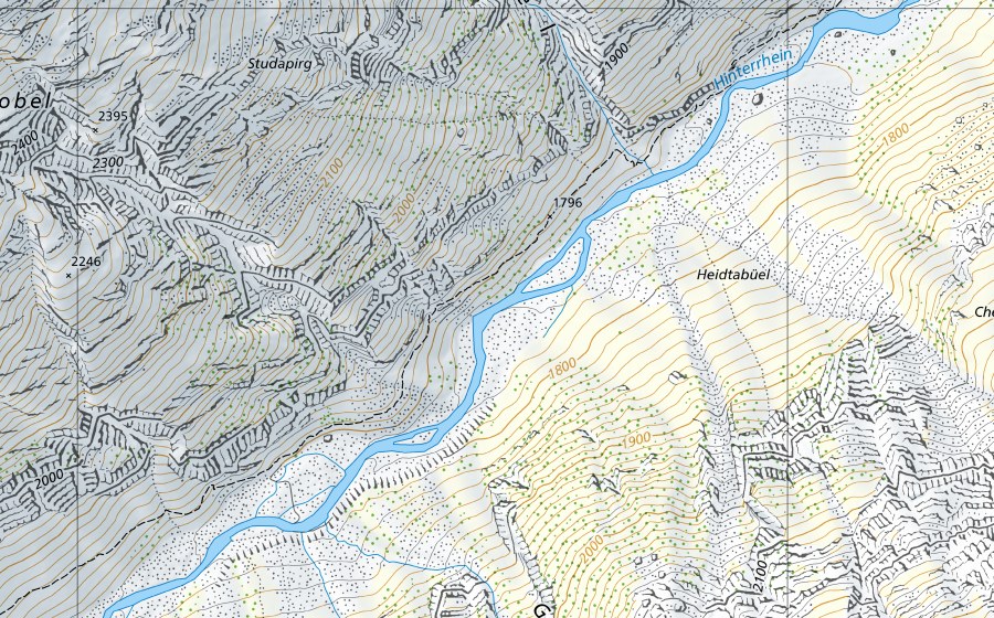 Carte nationale swisstopo avec le périmètre protégé de Hinterrhein-Hinterrhein, Schiessplatz (Station hydrométrique)