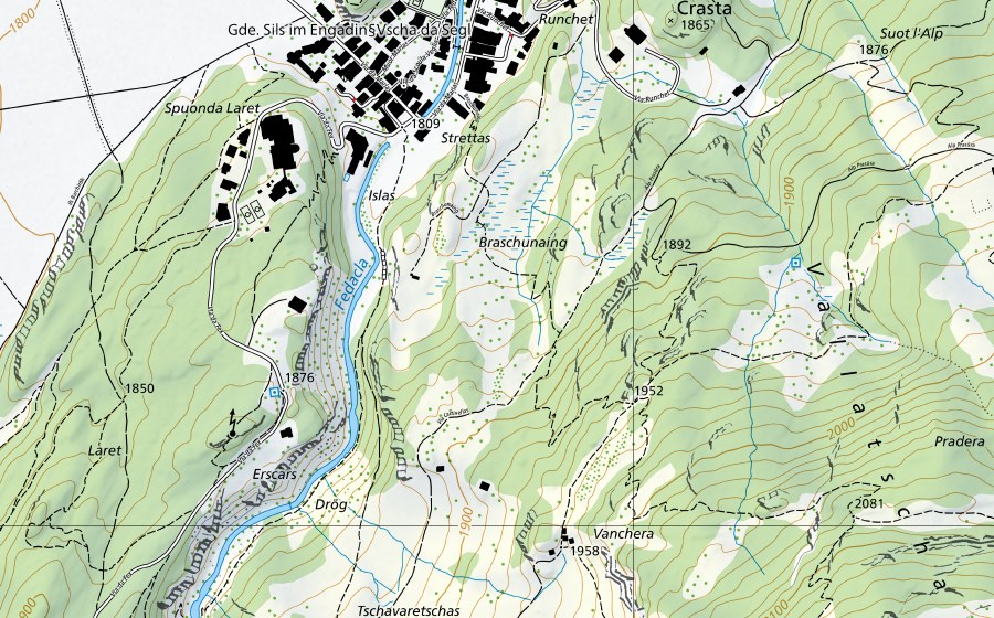 swisstopo national map showing the protected perimeter of Inn-St. Moritzbad (Hydrological station)