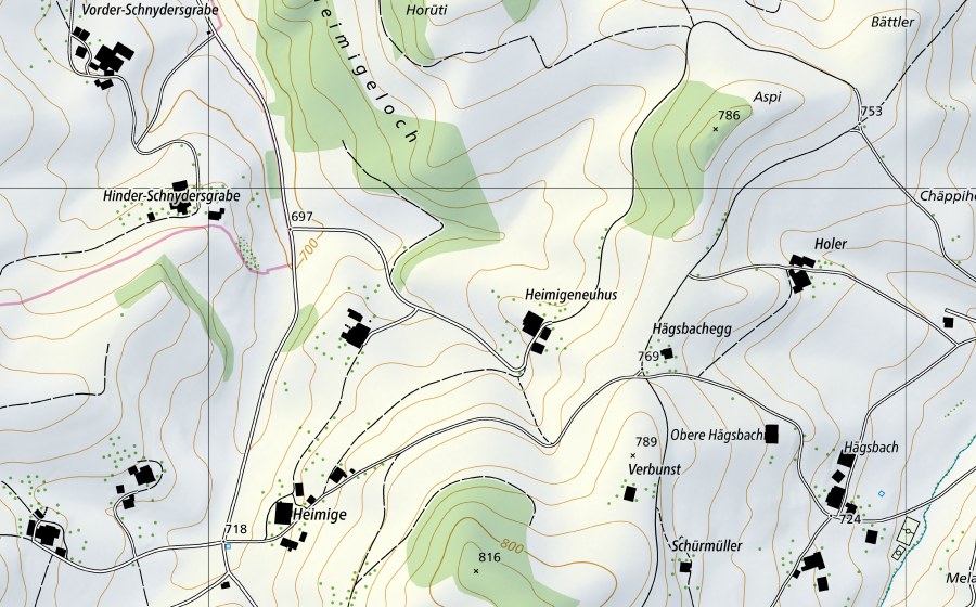 Landeskarte swisstopo mit dem Schutzperimeter von Langeten-Huttwil, Häberenbad (Hydromessstation)