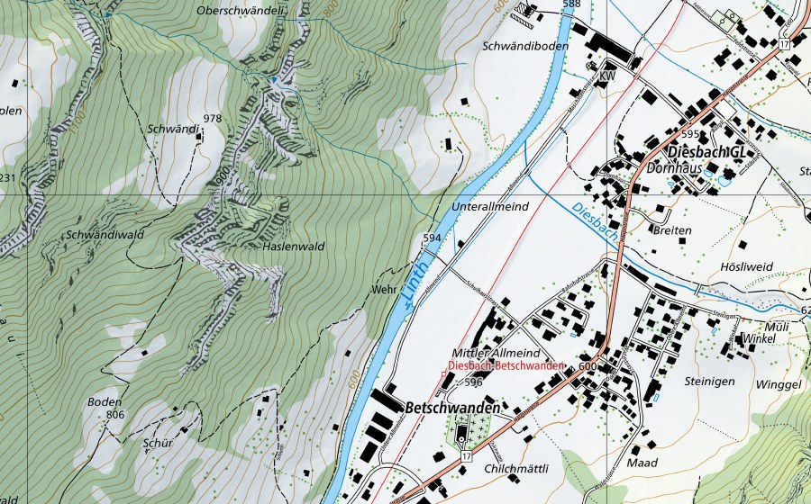 swisstopo national map showing the protected perimeter of Linth-Mollis, Linthbrücke (Hydrological station)