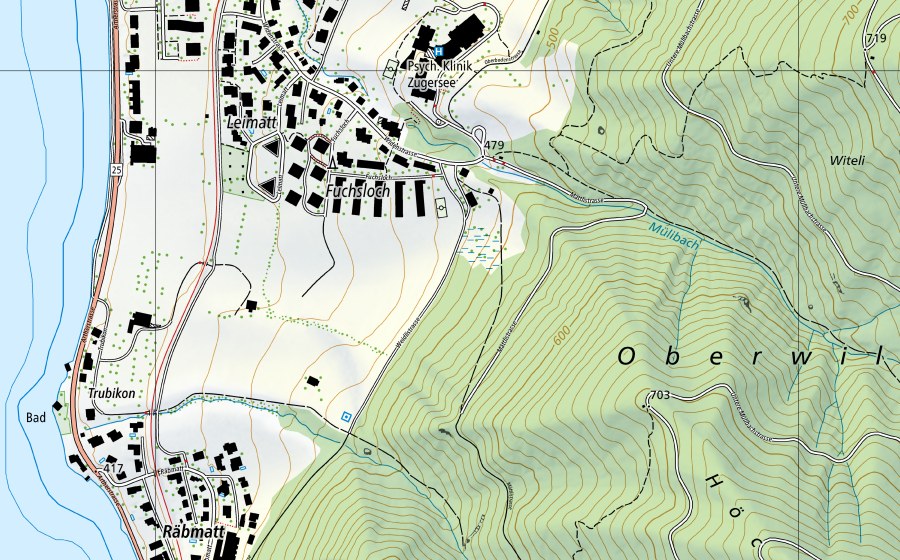 swisstopo national map showing the protected perimeter of Lorze-Frauenthal (Hydrological station)