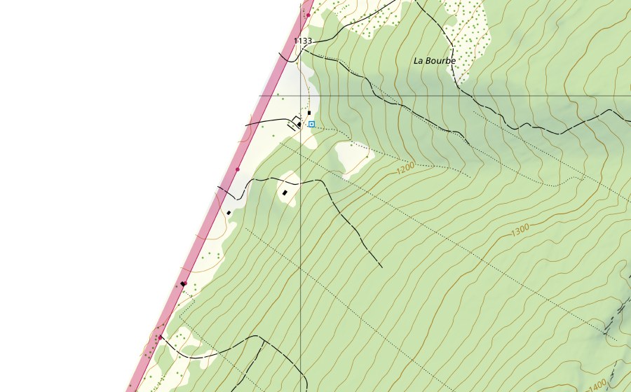 Landeskarte swisstopo mit dem Schutzperimeter von Orbe-Le Chenit, Frontière (Hydromessstation)