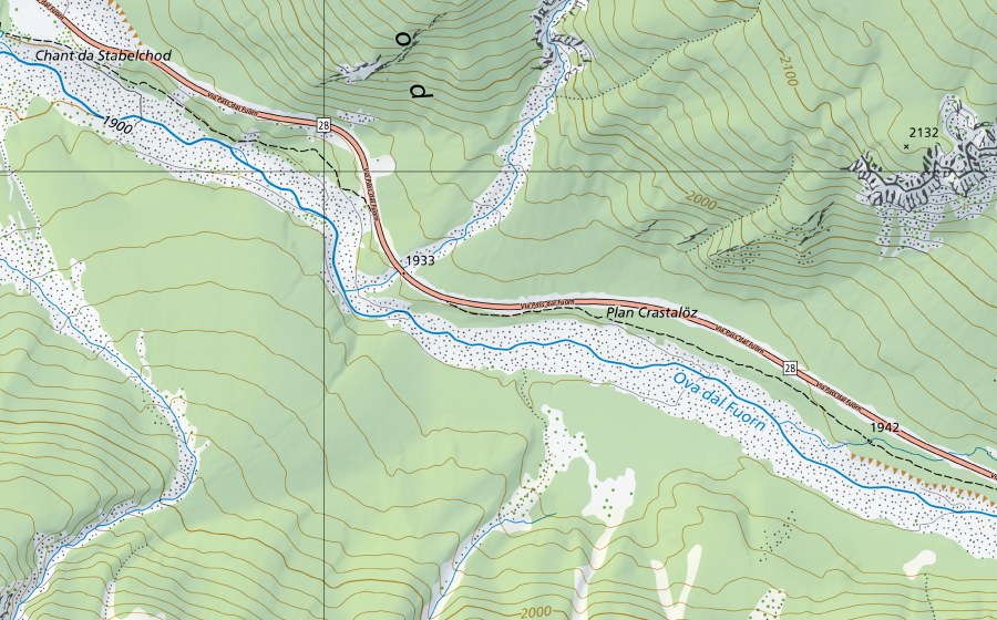 swisstopo national map showing the protected perimeter of Ova dal Fuorn-Zernez, Punt la Drossa (Hydrological station)