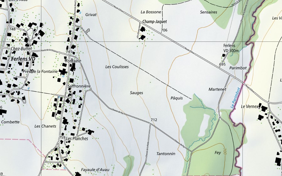 Carte nationale swisstopo avec le périmètre protégé de Parimbot-Ecublens, Eschiens (Station hydrométrique)