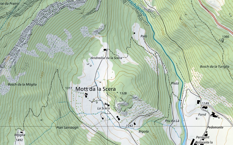 Landeskarte swisstopo mit dem Schutzperimeter von Poschiavino-Le Prese, stazione principale (Hydromessstation)